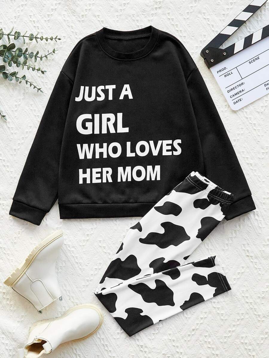 Tween Girl Slogan Graphic Pullover & Cow Print Leggings - Black and White - View 1