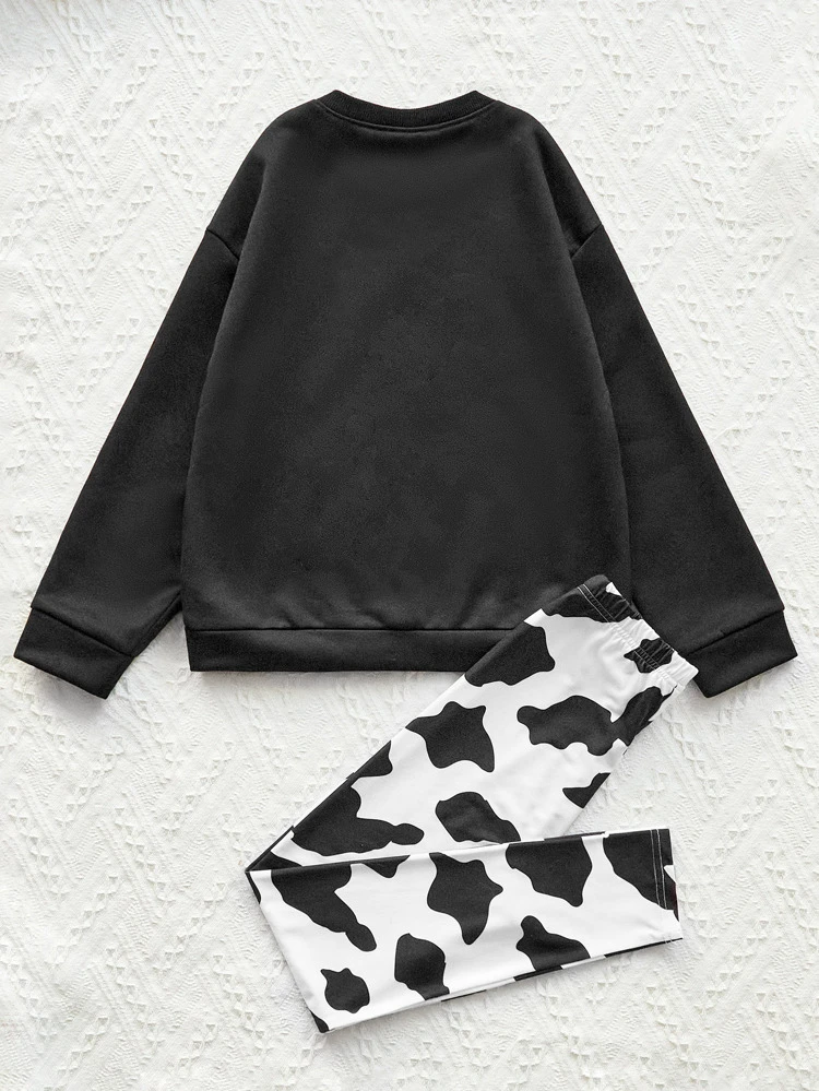 Tween Girl Slogan Graphic Pullover & Cow Print Leggings