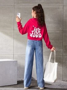 SHEIN 青少年女孩標語圖案落肩袖連帽衫 - 玫紅色 - 查看 2