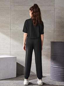 SHEIN Teen Girls Letter Graphic Drop Shoulder Tee & Joggers - Black - View 2