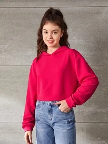 SHEIN 青少年女孩標語圖案落肩袖連帽衫 - 玫紅色 - 查看 3