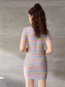 SHEIN Teen Girls Striped Butterfly Patched Detail Ribbed Knit Tee Dress - Multicolor - View 2