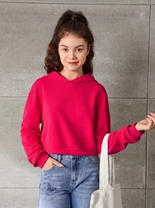SHEIN 青少年女孩標語圖案落肩袖連帽衫 - 玫紅色 - 查看 4
