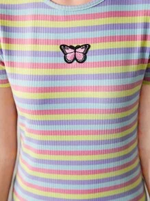 SHEIN Teen Girls Striped Butterfly Patched Detail Ribbed Knit Tee Dress - Multicolor - View 4