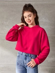 SHEIN 青少年女孩標語圖案落肩袖連帽衫 - 玫紅色 - 查看 5