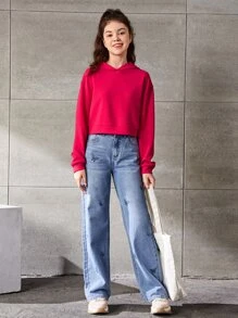 SHEIN 青少年女孩標語圖案落肩袖連帽衫 - 玫紅色 - 查看 6