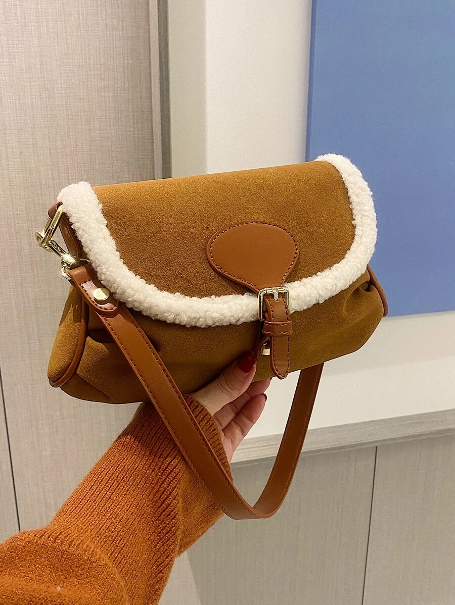 Buckle Decor Contrast Binding Square Bag - Brown - View 1