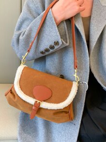 Buckle Decor Contrast Binding Square Bag - Brown - View 4