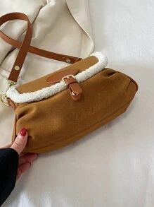 Buckle Decor Contrast Binding Square Bag - Brown - View 6