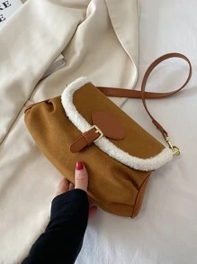 Buckle Decor Contrast Binding Square Bag - Brown - View 7