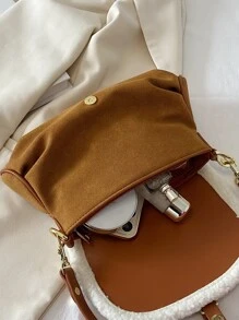 Buckle Decor Contrast Binding Square Bag - Brown - View 8