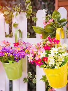 室內植物盆栽,掛花盆金屬,鐵製水桶花盆適用於欄杆、圍欄、陽台花園家居裝飾,可拆卸掛鉤,黑色