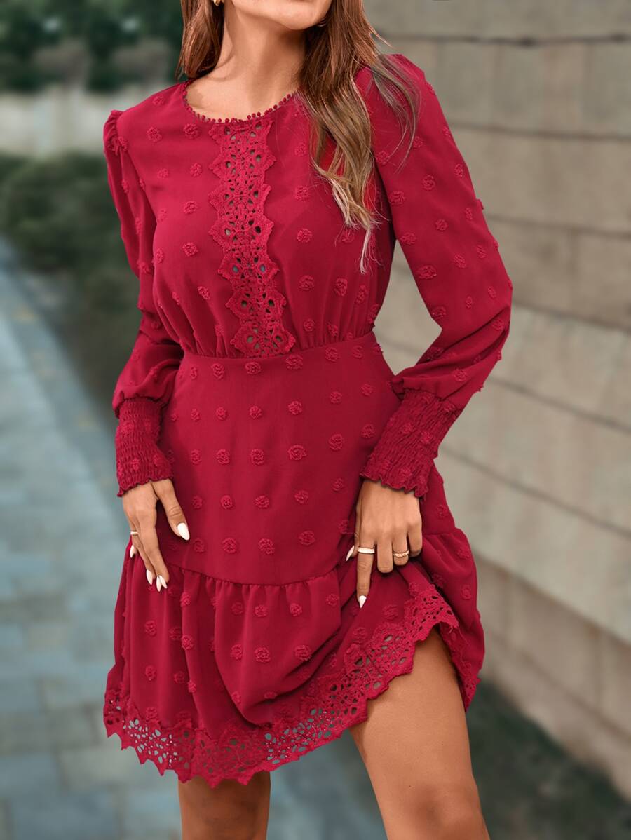 SHEIN LUNE Swiss Dot Guipure Lace Insert Ruffle Hem Dress - Burgundy - View 1