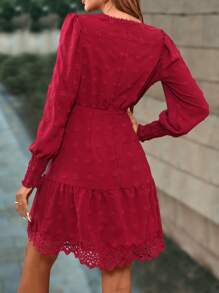 SHEIN LUNE Swiss Dot Guipure Lace Insert Ruffle Hem Dress - Burgundy - View 2