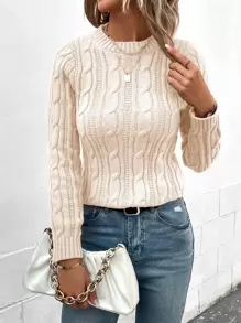 SHEIN LUNE 麻花編織圓領套頭毛衣 - 杏色 - 查看 4