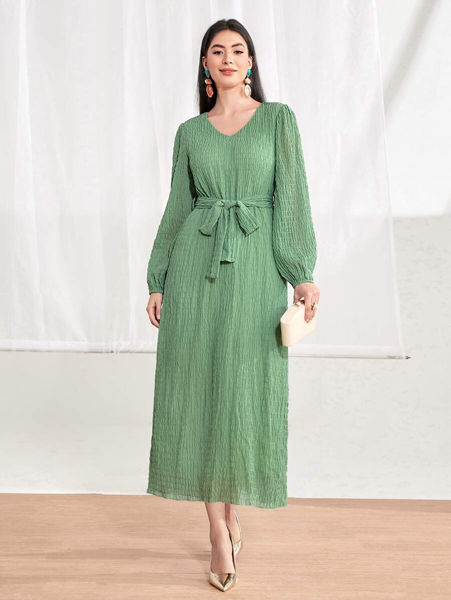 Modelyn Solid Belted V Neck Dress - Mint Green - View 1