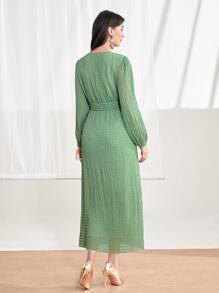 Modelyn Solid Belted V Neck Dress - Mint Green - View 2