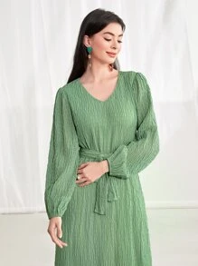 Modelyn Solid Belted V Neck Dress - Mint Green - View 3