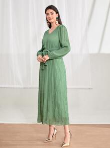 Modelyn Solid Belted V Neck Dress - Mint Green - View 4