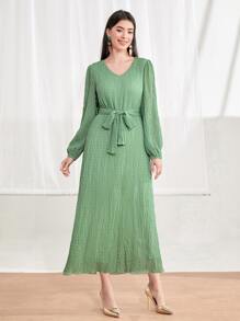 Modelyn Solid Belted V Neck Dress - Mint Green - View 5