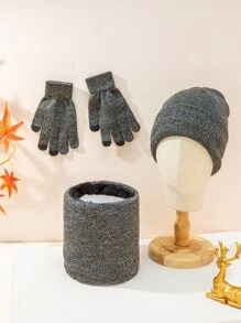 Men Plush Lined Infinity Scarf & Gloves & Beanie - Grey - View 3