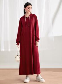 Mulvari Burgundy Red Drop Shoulder Drawstring Hooded Sweatshirt Dress - Burgundy - View 3