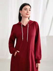 Mulvari Burgundy Red Drop Shoulder Drawstring Hooded Sweatshirt Dress - Burgundy - View 4