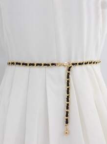 One Black Fashionable PU Chain Metal Waist Chain - Black - View 1