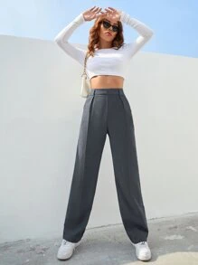 SHEIN Unity Pantalones de traje unicolor con bolsillo oblicuo - Gris - Ver 6