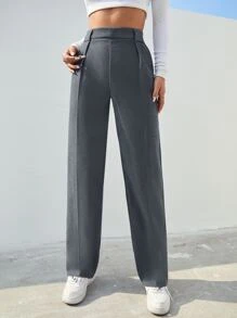 SHEIN Unity Pantalones de traje unicolor con bolsillo oblicuo - Gris - Ver 3