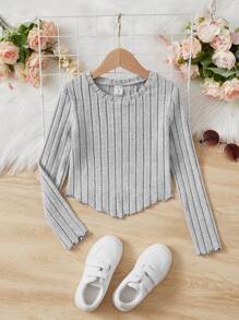 SHEIN Tween Girl Casual Long Sleeve T-Shirt With Round Neck And Flounce Hem, Spring/Fall - Light Grey - View 5