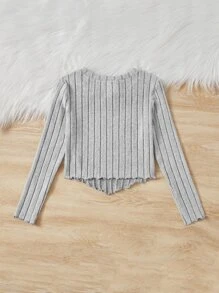 SHEIN Tween Girl Casual Long Sleeve T-Shirt With Round Neck And Flounce Hem, Spring/Fall - Light Grey - View 2