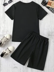 Boys Letter & Bear Print Tee & Shorts - Black - View 2