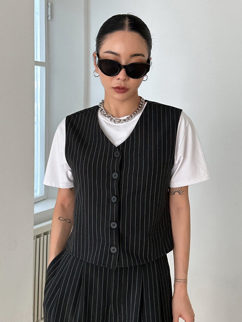 Pinstriped Print Vest Blazer Without Tee