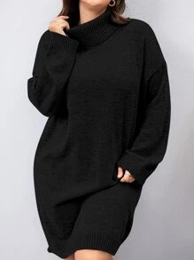 Mulvari Vestido de suéter con cuello de tortuga y hombros caídos sin cinturón, para invierno