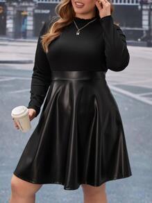SHEIN Clasi Plus Lettuce Trim Mock Neck PU Leather Dress - Black - View 2