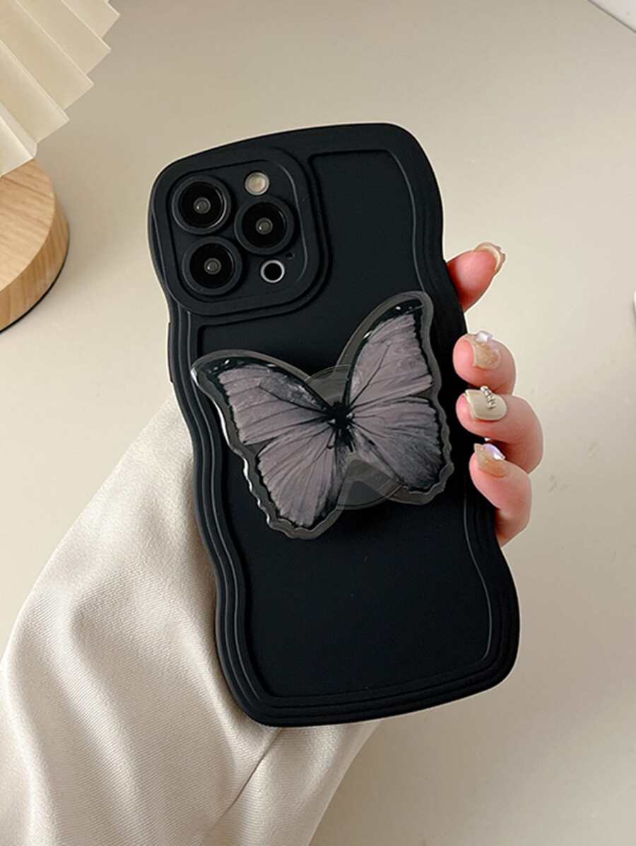 帶支架的蝴蝶掉膠手機殼,適用於 iPhone 15pro Max 14 13 12 11 三星 S23 - 黑色 - 查看 1