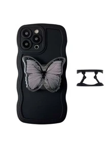 帶支架的蝴蝶掉膠手機殼，適用於 iPhone 15pro Max 14 13 12 11 三星 S23 - 黑色 - 查看 2