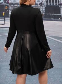 SHEIN Clasi Plus Lettuce Trim Mock Neck PU Leather Dress - Black - View 3