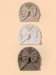 3 件装婴儿弹力针织提花发带帽，带蝴蝶结的婴儿头饰，新生儿针织帽，四季皆宜 - 彩色 - 查看 5