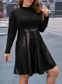 SHEIN Clasi Plus Lettuce Trim Mock Neck PU Leather Dress - Black - View 5
