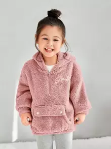 SHEIN Little Byeori 年輕女孩字母刺繡半拉鍊落肩熊熊連帽衛衣