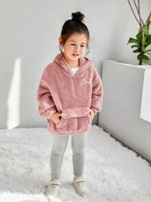 SHEIN Little Byeori 年輕女孩字母刺繡半拉鍊落肩熊熊連帽衛衣