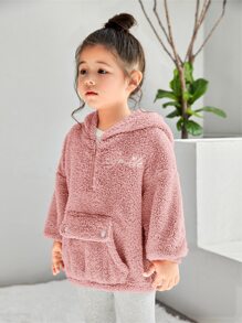 SHEIN Little Byeori 年輕女孩字母刺繡半拉鍊落肩熊熊連帽衛衣
