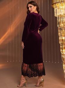 Modelyn Plus Contrast Embroidery Mesh Mermaid Hem Ruched Velvet Dress - Maroon - View 2
