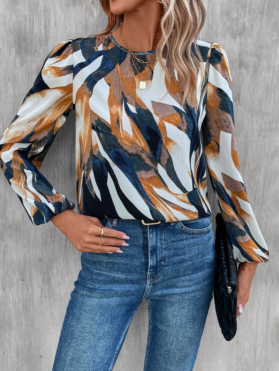 EMERY ROSE Graphic Print Lantern Sleeve Blouse - Navy Blue - View 1