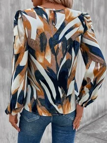 EMERY ROSE Graphic Print Lantern Sleeve Blouse - Navy Blue - View 2