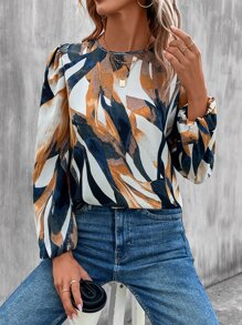 EMERY ROSE Graphic Print Lantern Sleeve Blouse - Navy Blue - View 5