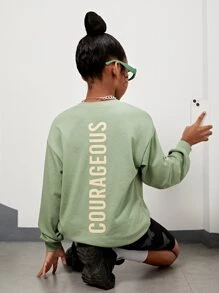 SHEIN Girls Letter Graphic Drop Shoulder Pullover - Mint Green - View 1