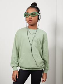 SHEIN Girls Letter Graphic Drop Shoulder Pullover - Mint Green - View 2